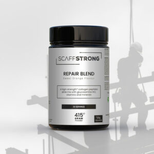 ScaffStrong Repair Blend supplement bottle with 'Sweet Orange Flavour' label, 415 g powder, 30 servings on a light background