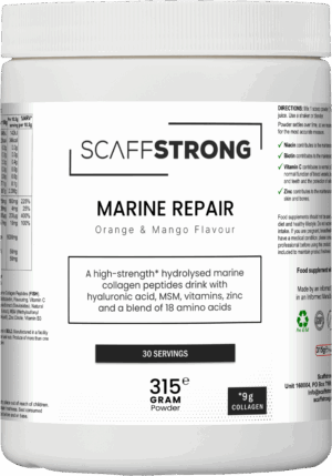 White bottle labeled 'SCAFFSTRONG MARINE REPAIR' orange & mango flavor, showing '30 SERVINGS' on the label.